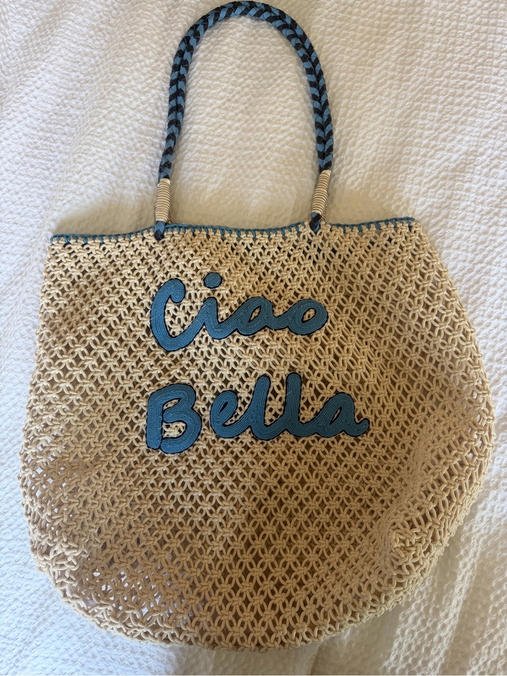 Beach Crochet Tote Bag with Blue 'Ciao Bella' Applique